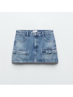 Zara Blue Denim Mini Skirt with Cargo Patch Pockets